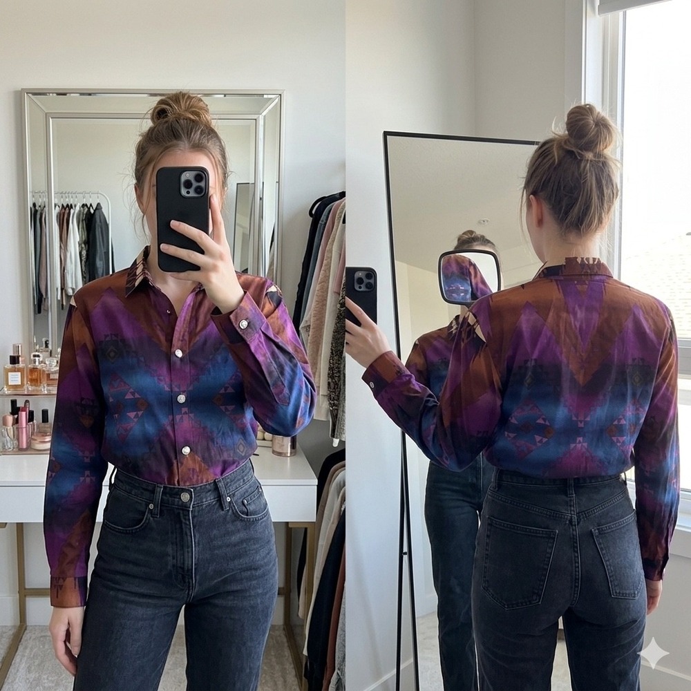 Vtg Roughrider by Circle T Women's Small Western Shirt Aztec Southwestern Purple
